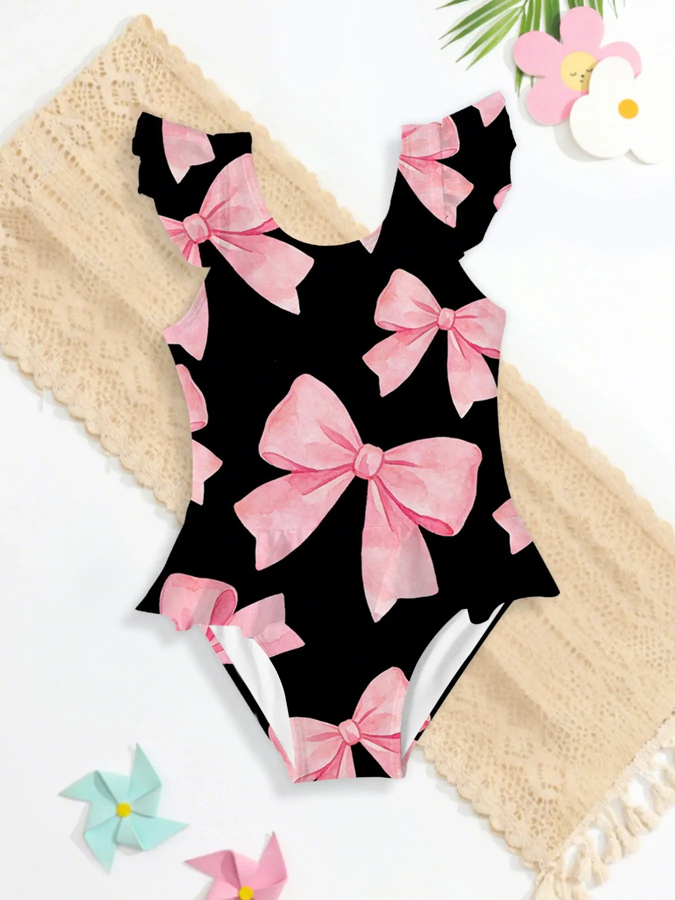 Comfortable Fashion Summer Girls Casual Cool Bow Print Jumpsuit, Cute Sleeveless One-Piece Swimsuit, Birthday Gift, Beachwear, Swimming Suit, Swimming Bathing Suit