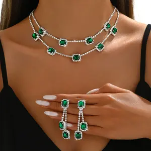Square Two-Piece Set Multi-Color Double-Layer Necklace Tassel Earrings Light Luxury Wedding Women's Gift