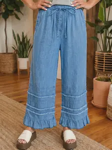 Ruffled Hem Wide Leg Chambray Pants,  Wide Leg Silhouette Creates Relaxed Movement and an Effortless Casual Look, 100%Cotton.
