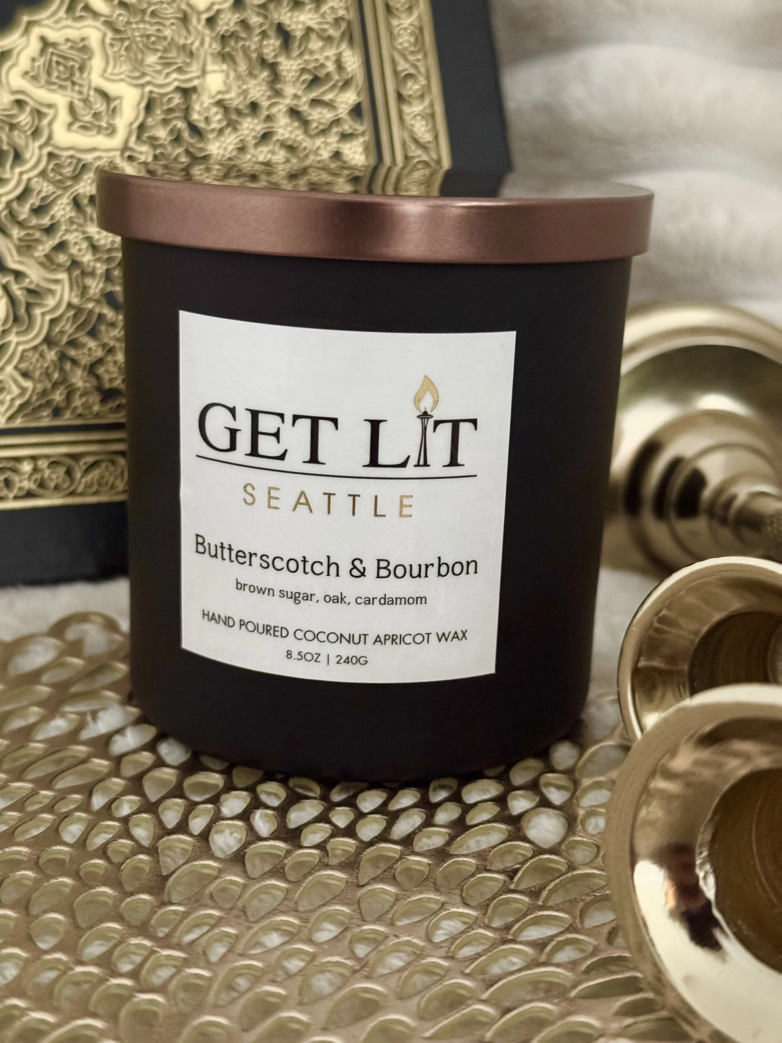 Butterscotch & Bourbon - GET LIT Seattle - Hand Crafted Coco-Apricot Candle - Non Toxic - Wood Wick - 50+ hour burn time
