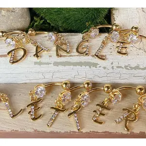 14kt Gold Plated Initial Dangle Belly Ring Naval Navel Letter Body Jewelry