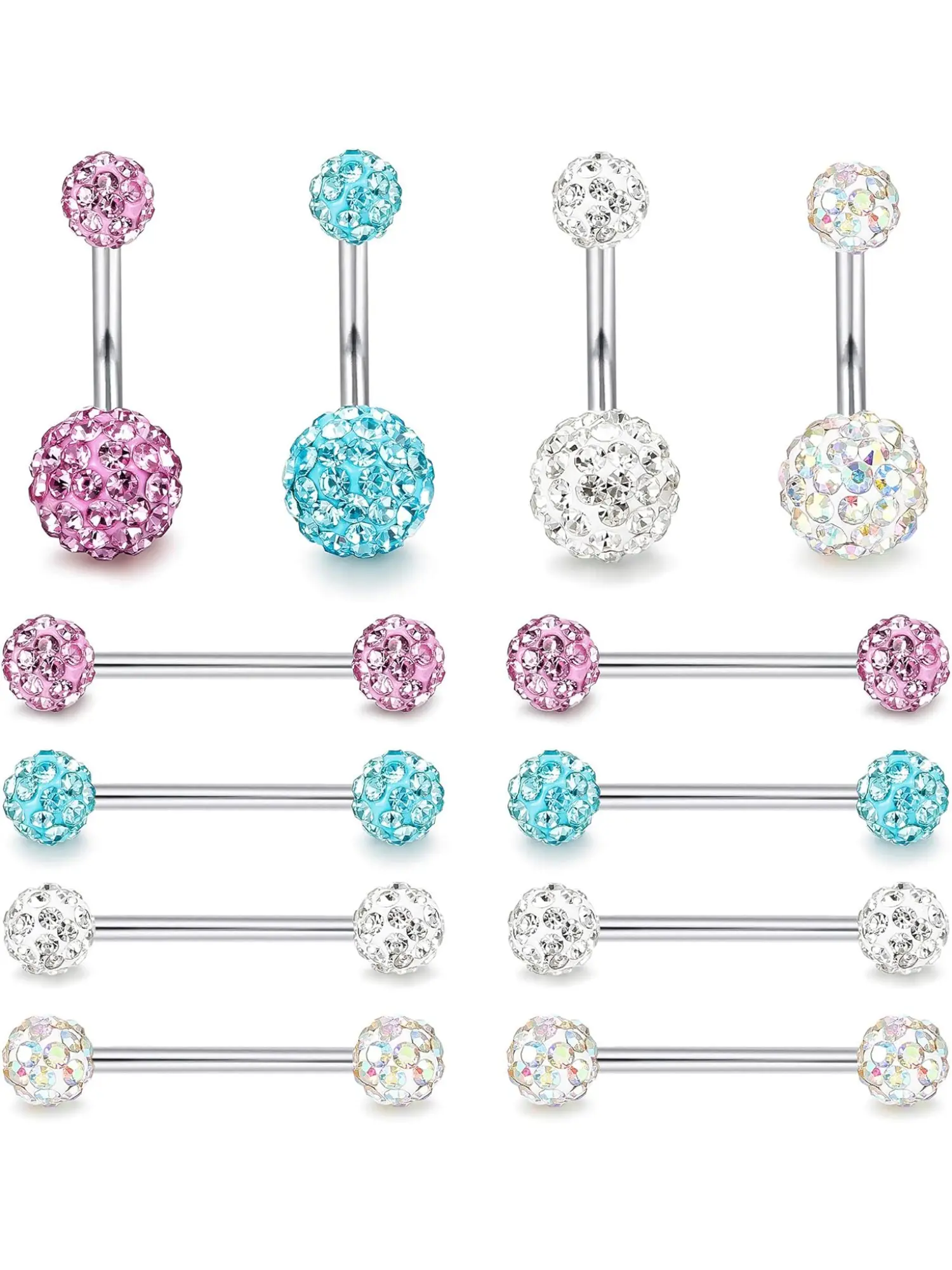 12 Pcs 14G Nipplerings Nipple Tongue Belly Button Rings Navel Ring Stainless Steel Rhinestone Crystal Disco Ball Barbell Body Piercing Jewelry Gems For Piercings