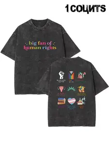 1 Men's Black Washed Vintage Oversized Long Tee Shirt, Double-Sided "Big Fan of Human Rights" & Social Justice Icons Print, Distressed Design, Ideal for Casual Daily & Activist Outfits