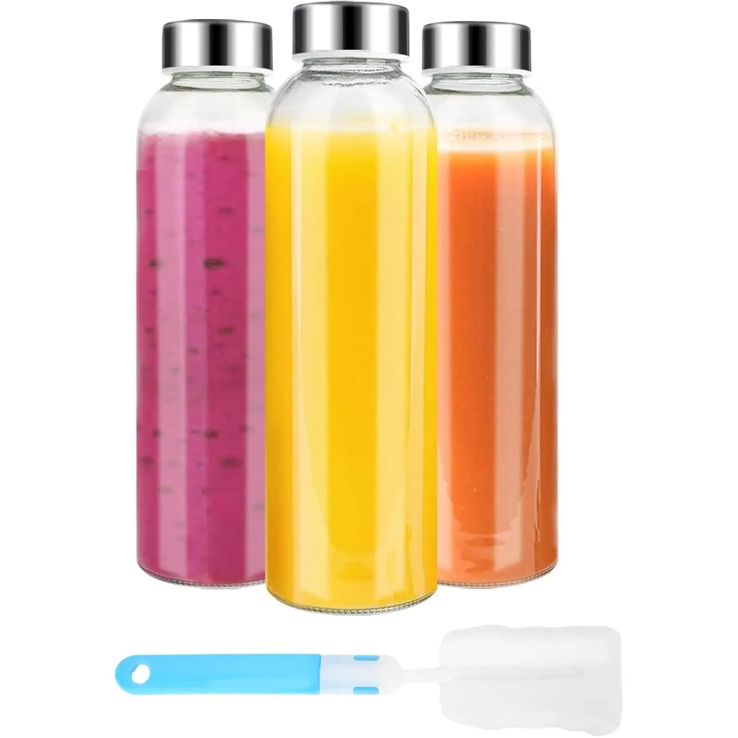 Clear Glass Bottles with Lids 18 oz, Reusable Glass Water Bottles with Stainless Steel Cap, 100% Leak Proof BPA Free, Juice Bottle Drinking Jar Containers Set of 3 for Refrigerator Juicing