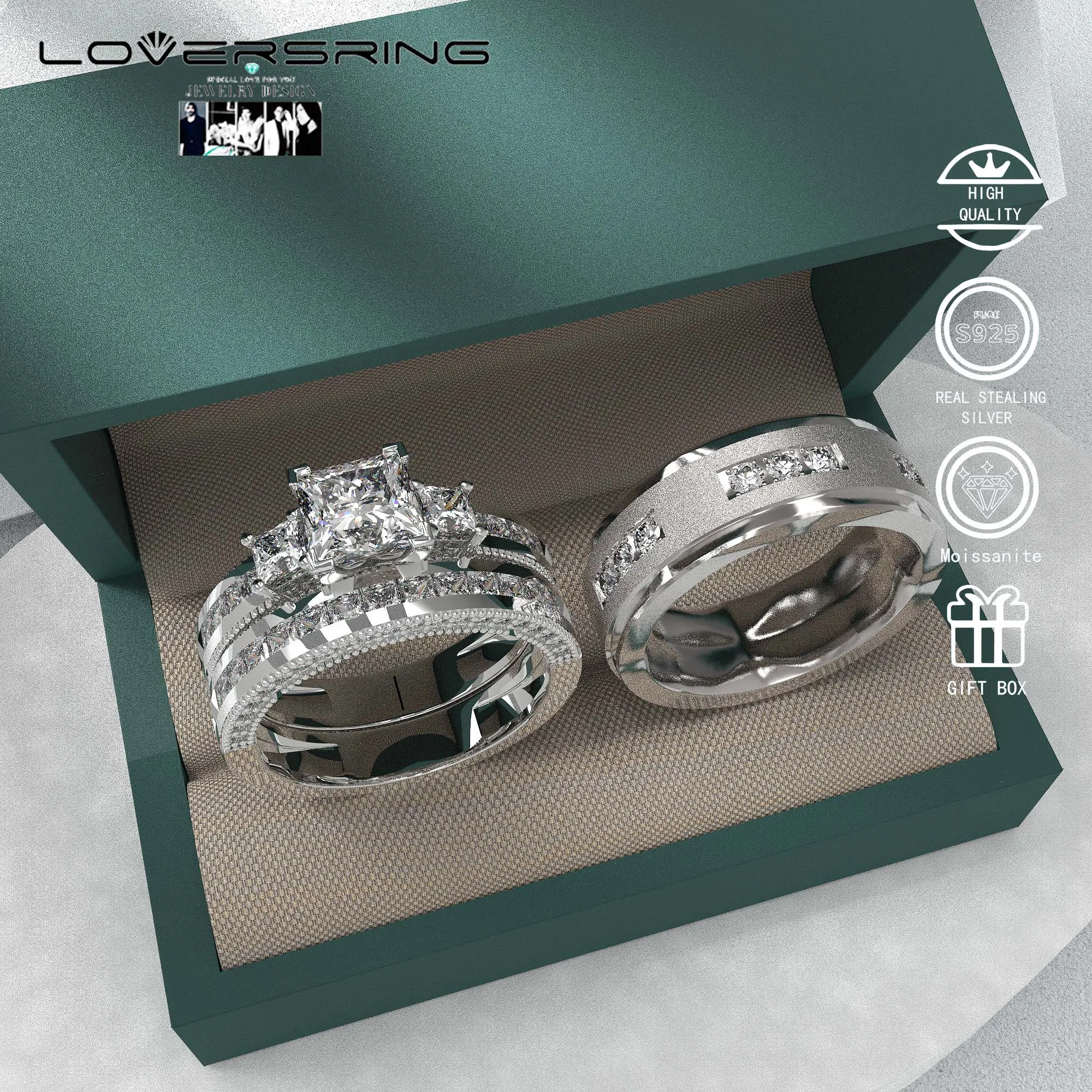 Wedding Ring Sets His And Hers Promise Ring Wedding Ring Sets His And Hers Couples Women 925 Sterling Silver Square Cut Moissanite Man titanium Moissanite Wedding Band