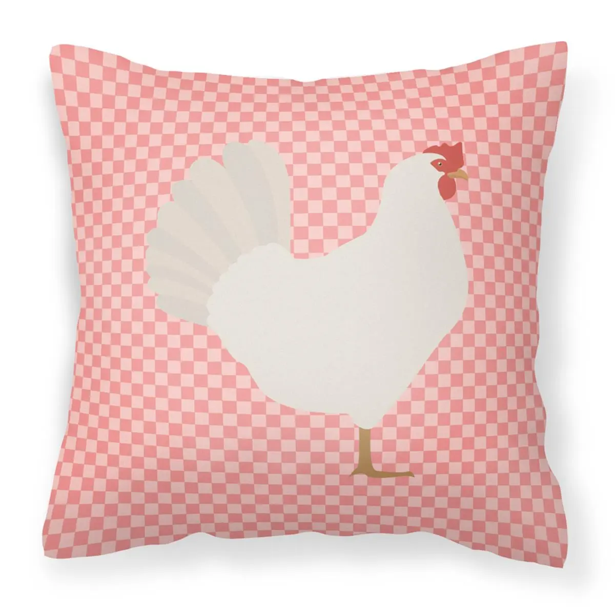 Farmhouse Style Home Chicken Motif Decorative Pillow - Pink Check Polyester Fabric, 18x18 in, Fade Resistant, Machine Washable, Home Décor Accent