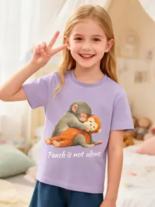 Monkey Punch Graphic Baby Monkey Holding Plush Toy Monkey Punch Graphic Baby Monkey Holding Plush Toy Punch Monkey Print Short Sleeve Top, Punch Team Print Suitable for Boys and Girls, Summer Casual Kids Clothing