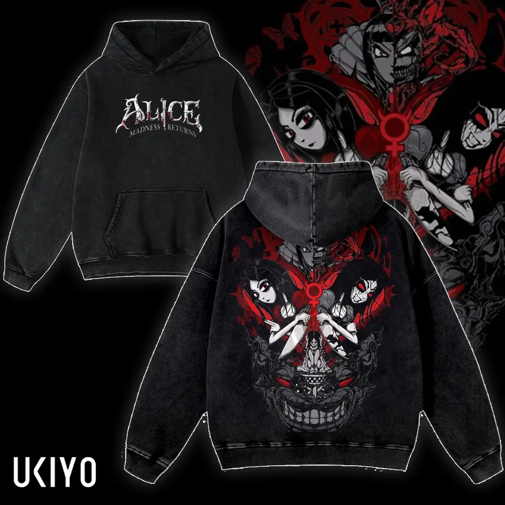 Alice Madness Returns Hoodie, TShirt Vintage Acid Wash Oversized Streetwear Heavyweight Cotton Graphic Pullover Gaming Merch Emo Goth Aesthetic Hooded Sweatshirt