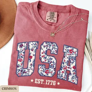 Comfort Colors USA Shirt, 4th of July shirt, floral USA tee, summer patriotic shirt for women, America est 1776 shirt, red white blue shirt - TrendWear USA