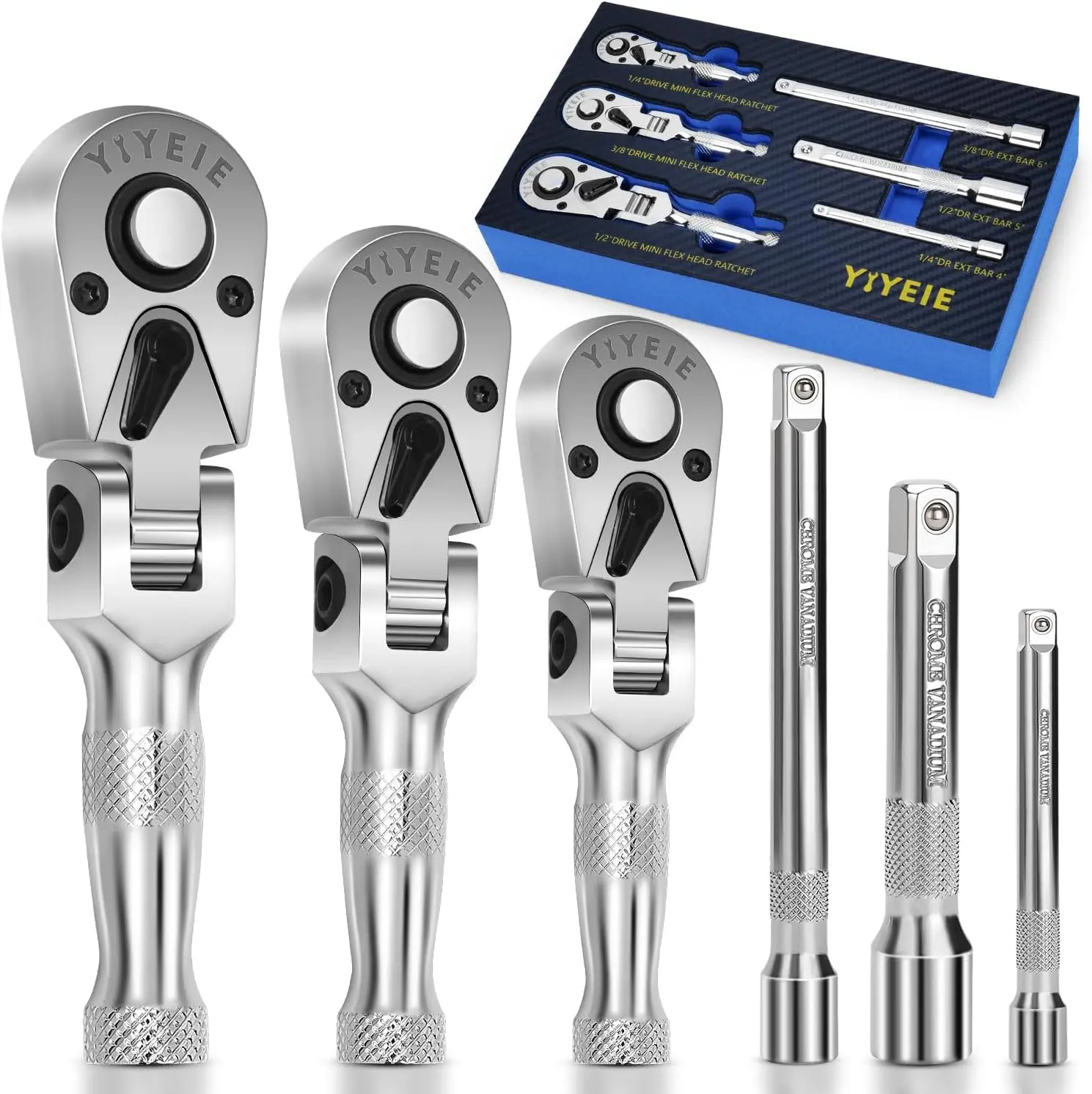 YIYEIE 6PCS Stubby Flex Head Ratchet Wrench Set, 1/4 3/8 1/2 in Sizes with 3 Extension Bars, 72-Tooth Reversible Quick-Release, 180° Swivel Mini Handle, EVA Foam Included