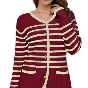 Women's Striped Cardigan Sweater with Long Sleeves and Pockets in Red and Cream Womenswear Knitwear
