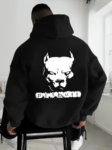 Men's Oversized Pitbull Print Hoodie, Black Streetwear Boxy Fit Pullover Hooded Sweatshirt, Gothic Dark Aesthetic Graphic Hoodie for Men, Trendy Hip Hop Casual Hoodies, Oversize Baggy Hooded Top for Street Style