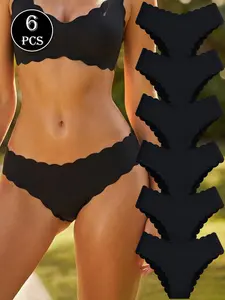 6-Pack Elegant Minimalist Aesthetic Solid Color Seamless Women's Panties - Breathable & Quick-Dry Nylon Blend, Scalloped Wave Hem, Comfort Stretch for Yoga, Fitness, Dance