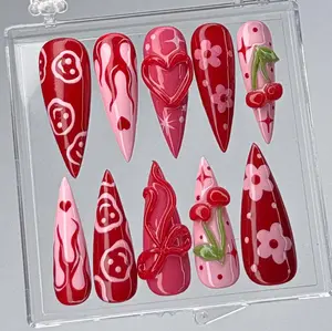 Handmade Red and Pink Press On Nails with Cherry, Cherry Blossom Inspired Press-On Nails, Handmade Valentine's Nail Art, Fake Nails