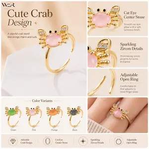 Cute Crab Ring Cat Eye Crab Ring Adjustable Crab Ring Animal Ring Gold Tone Ring Sparkly Crab Jewelry for Women Everyday Wear Gift Fashion Ring