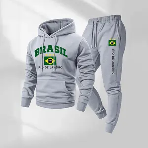 Men's Brazilian Pattern Hoodie and Drawstring Sweatpants Set, Menswear, Casual Athletic Long Sleeve Hooded Jacket & Trousers for Fall & Winter, Men's Clothing for Daily Wear, Sportswear Indoor Outdoor, Tracksuit, Athleisure Summer Clothes