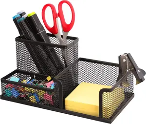 Ludato Desk Organizers Mesh Pencil Holder，3 Compartments Black Mesh Pen Holder Storage