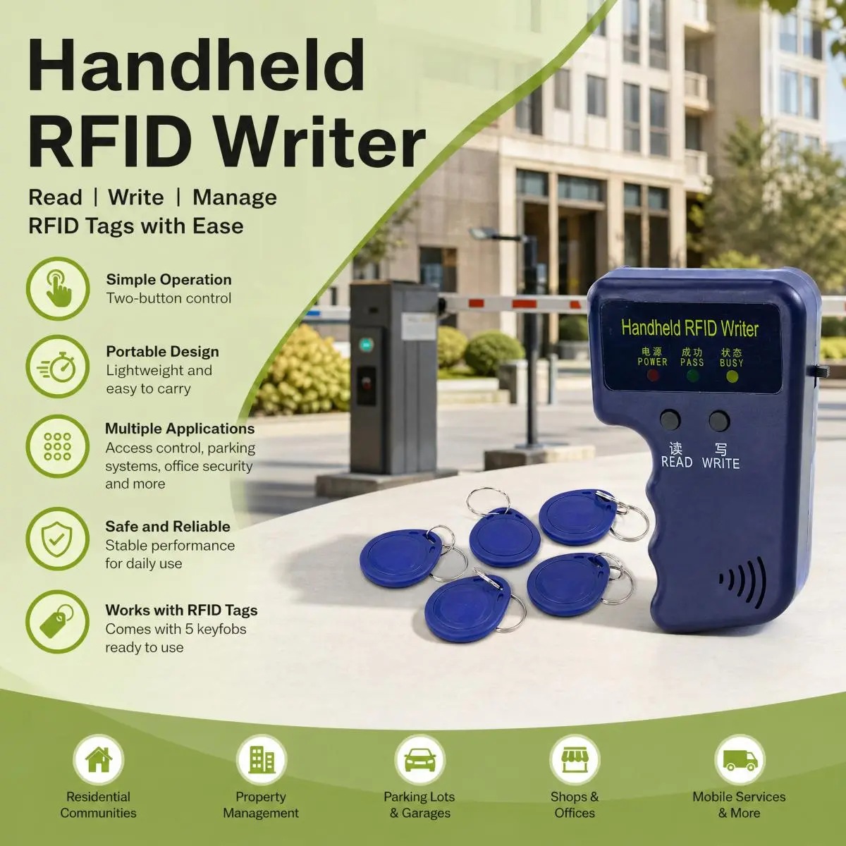 Compact Handheld RFID Copier Kit - Multi-Functional Device with ID Copying, 5 Rewritable Tags, Portable Key Fob Writer for Home Garage Access Control Systems