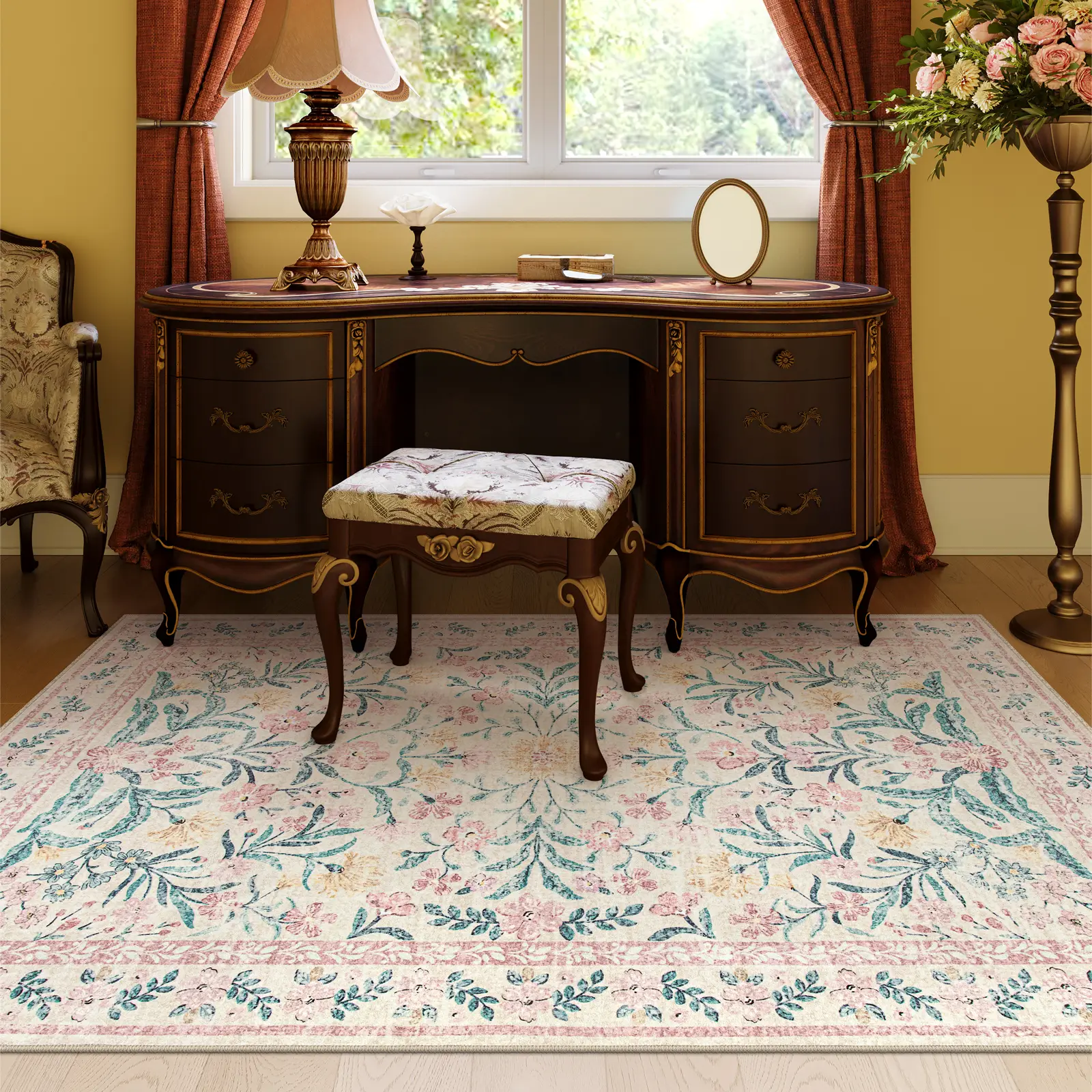 【FallFreshness】Lahome Large Floral Insect Non-Slip Area Rug – Soft, Thin and Washable for Bedroom, Living Room and Kids' Rooms for Apartments