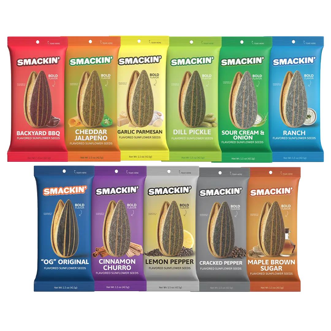 SMACKIN' Sunflower Seeds Sample Pack of 11 Single Serve (1.5 OZ) Low Sodium Snack, Bold Flavors, No Salty Burn