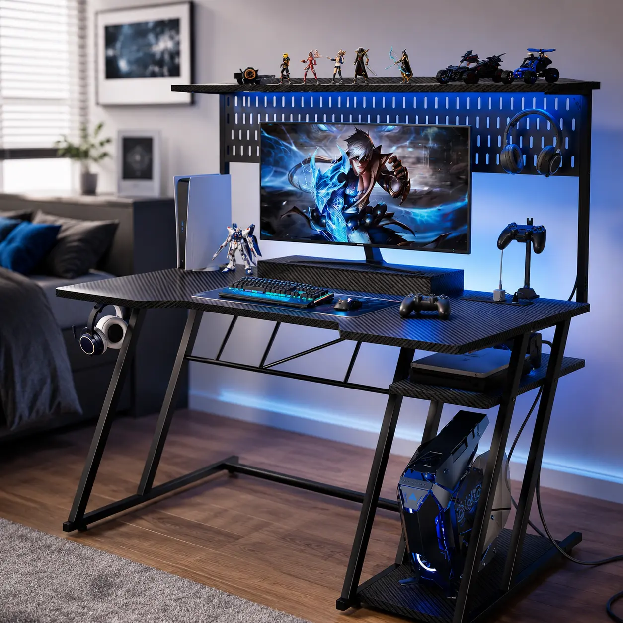 Armocity Gaming Desk 47"W with LED Lights and Power Outlets Office Desk Writing Workstation with Monitor Stand Hutch Storage Shelves Pegboard