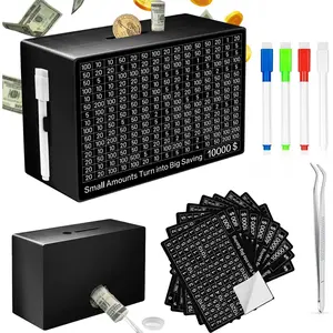 Money Saving Box,Cash Vault,Reusable Wooden Money Box with 10 Targets,Saving Box Cash Retro,Money Vault Savings Box Challenge with Counter Gift Adults (Black)