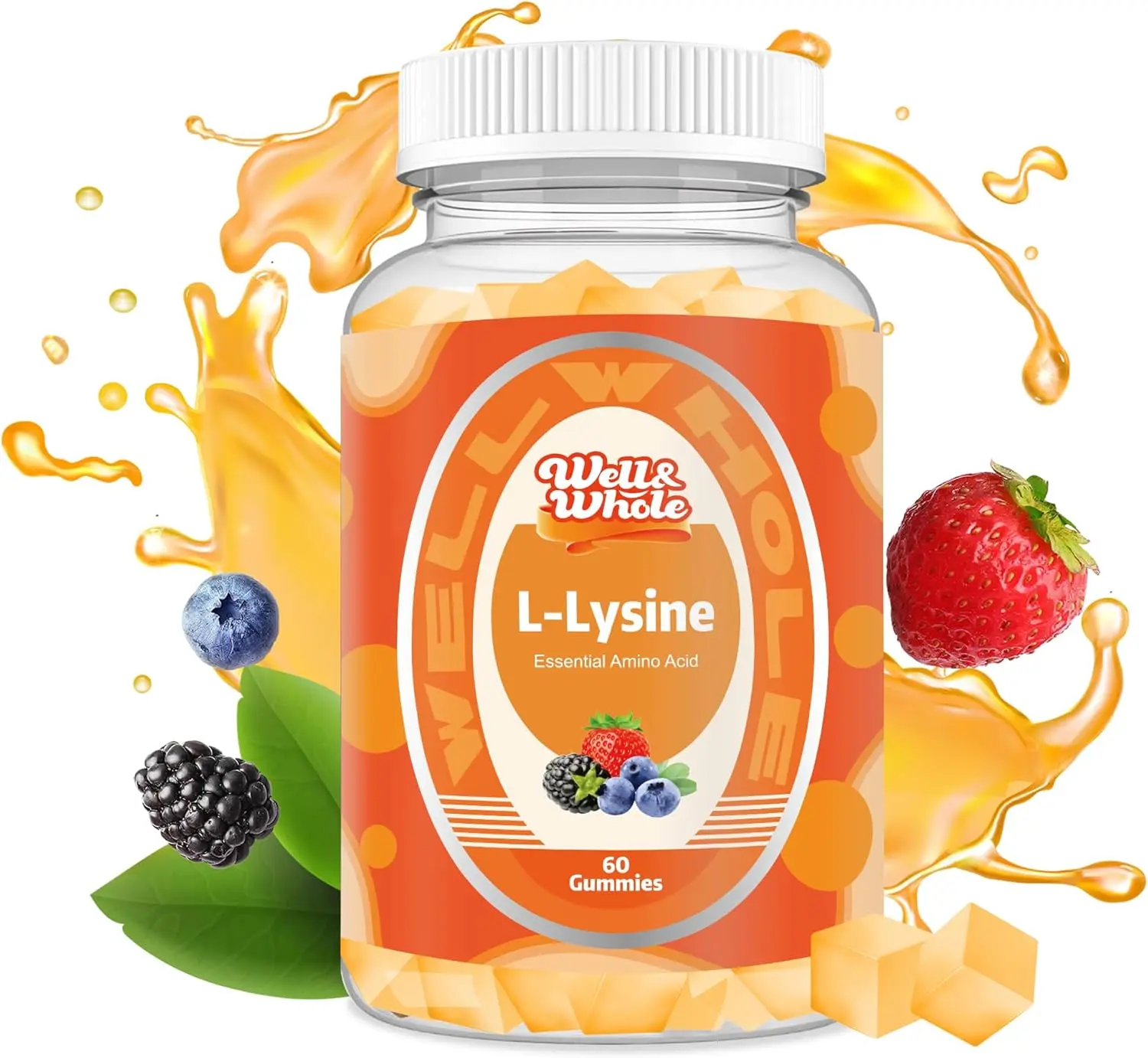Well&Whole Natural Vegan Friendly Chewable L-Lysine 1000mg Mix Berry Gummies - 1000mcg Vitamin B12, Collagen-Boosting Dietary Protein Supplement - Non-GMO, Gluten-Free, 60 Count, Supports Skin and Lip Health, Healthcare, Skin & Muscle, Fitness, Edible