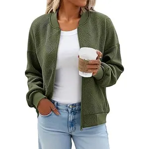 Tankaneo Womens Bomber Jacket Zip Up Casual Jackets Lightweight Trendy Outerwear Coat with Pockets