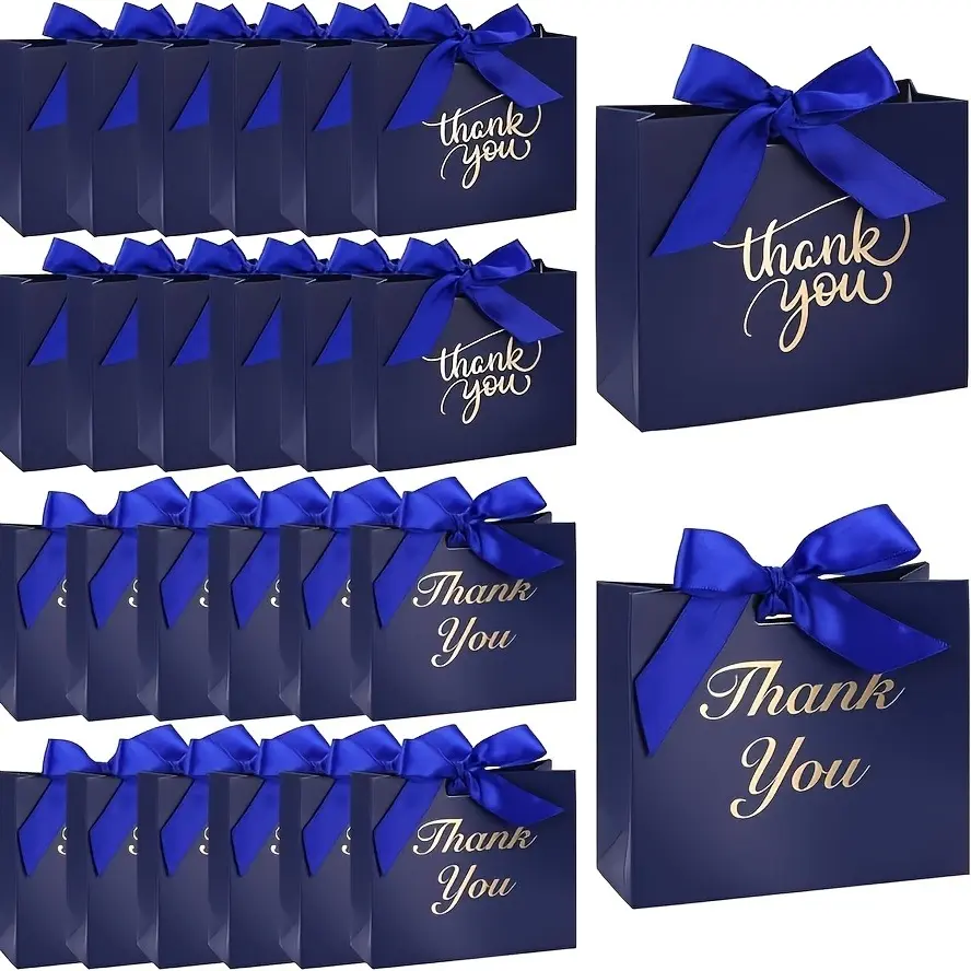 24PCS Thank You Gift Bags, Dark Blue Party Favor Bags with Bow Ribbon Mini Gift Boxes Bulk Candy Boxes for Birthday Wedding Party Bridal Shower, Happy Birthday, Birthday Ideas