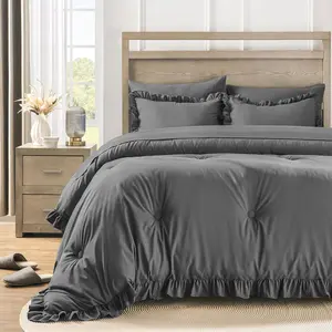 Full Bed in a Bag 7 count Full Size Comforter Set, Ruffle Shabby Chic Bedding Comforter Set Dark Grey Bed Set with Comforter, Pillowcases, Flat Sheet, Fitted Sheet and Pillow Shams