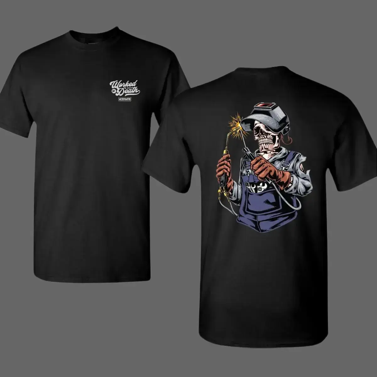 Skeleton Welder T-shirt with Spark Torch and Welding Helmet Graphic, 2 Sides Hardcore Tradesman Tee, Soft Cotton Blend Shirt for Welders, Fabricators, and Blue Collar Workers Living the Welding Life for Men and Women Menswear Top Tshirt Streetwear