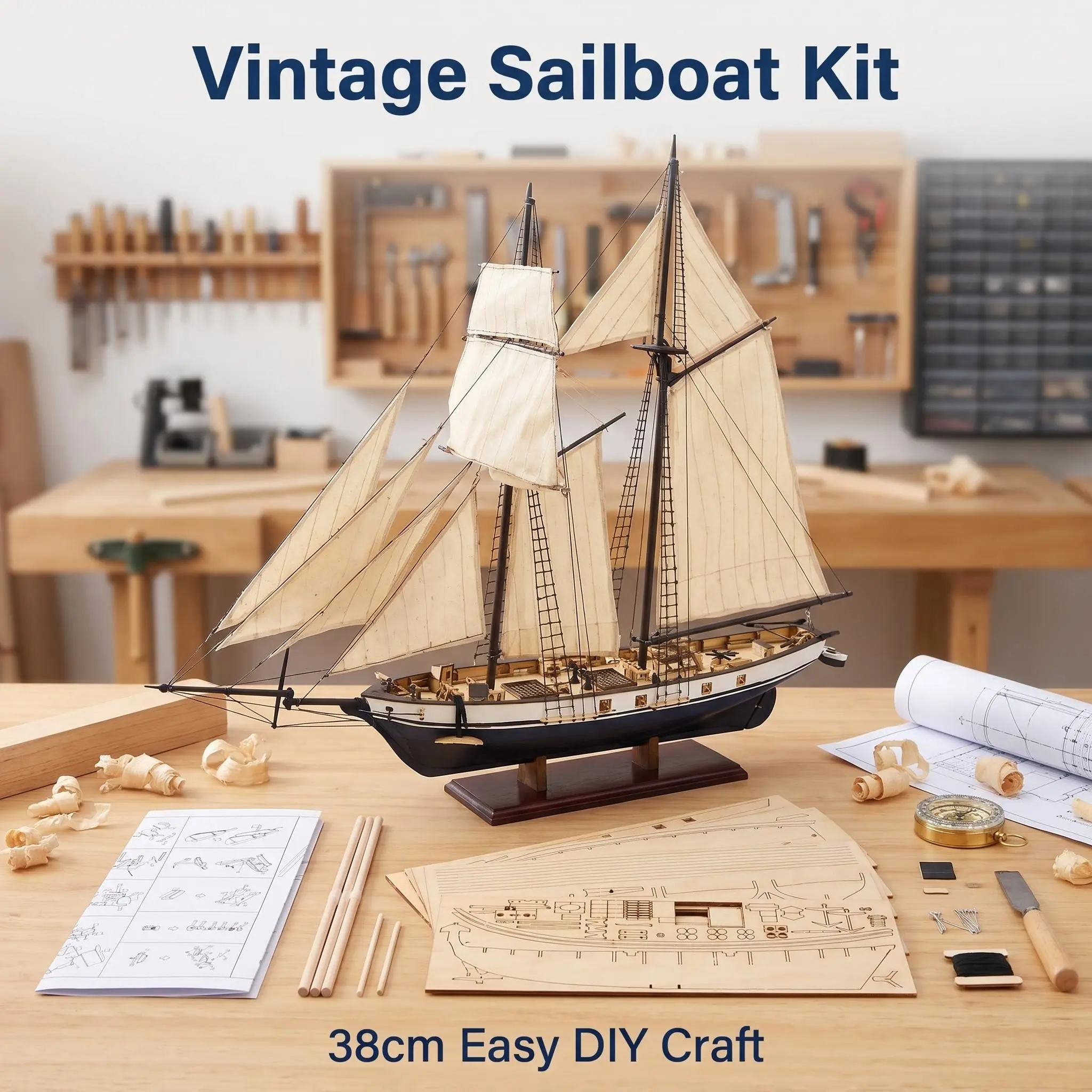 1:130 Scale Fully Assembled Harvey Wooden Schooner Ship Model, 38cm Handcrafted 2-Masted Vintage Sailboat with Textured Canvas Sails, Detailed Maritime Collectible, Nautical Display Decoration, DIY Woodwork Hobby Gift for Men, Collectibles