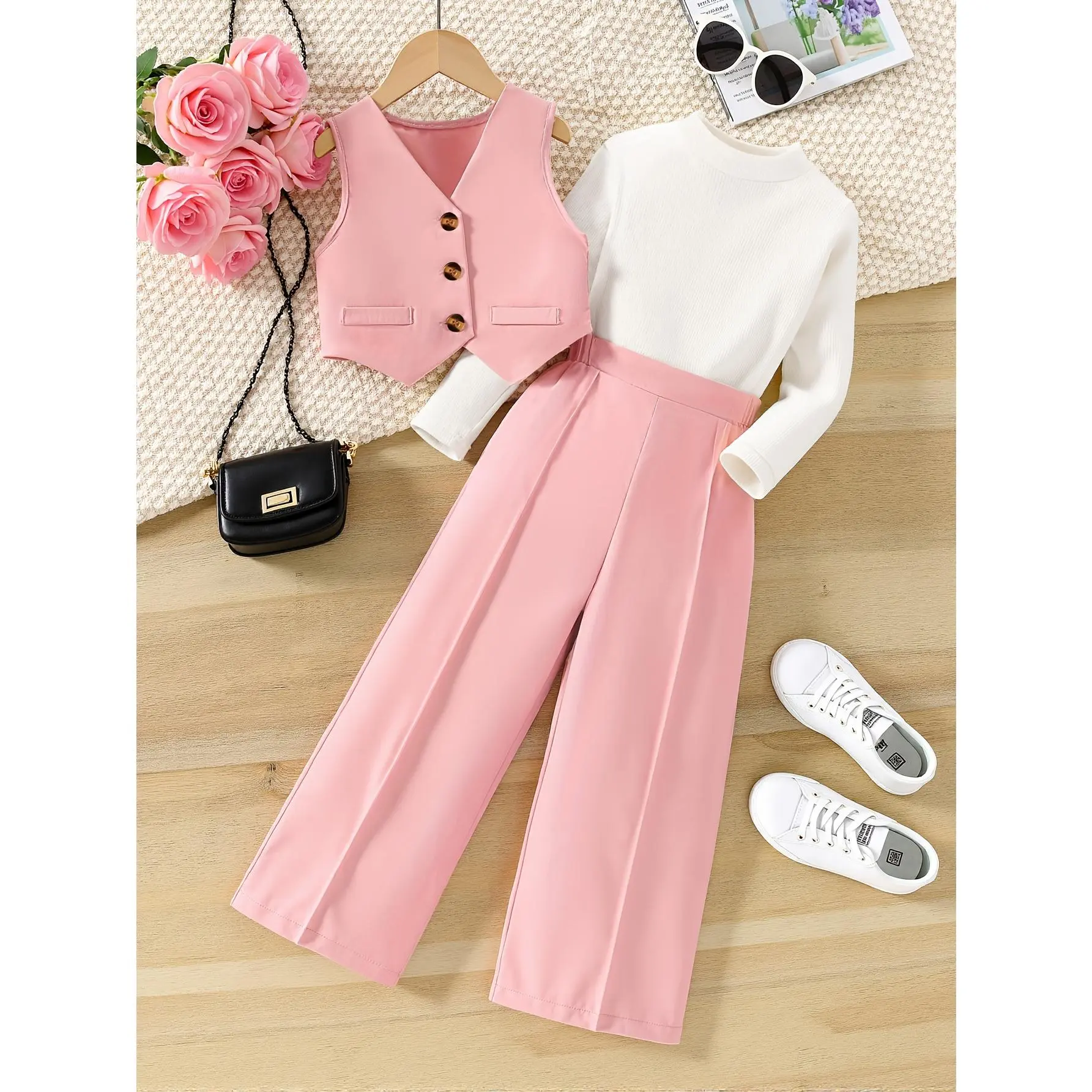 Girls' 3-Piece Polyester School Uniform Set WQ4734543 - Pink Vest with Fake Buttons, Round Neck Top, Regular Fit Wide Leg Pants with Elastane, for Ages 12 & Under, Spring Fall, Machine Washable, Do Not Dry Clean