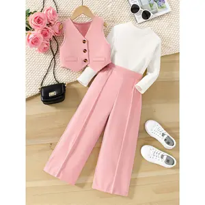 Girls' School Set WQ4734543 - 3-Piece Pink Vest Round Neck Top & Wide Leg Pants Polyester Uniform for Ages 12 and Under Spring Fall