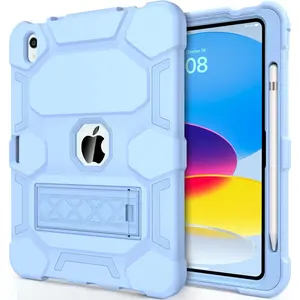 for iPad 10th Generation Case 10.9 Inch 2022, iPad 10 Case with Kickstand & Pencil Holder, Heavy Duty Shockproof Hybrid Three Layer Protective Cover for Girls Women,  Blue