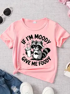 Girls "If I'm Moody Give Me Foody" Raccoon Graphic T-Shirt, Soft Cotton Short Sleeve Tee, Funny Food & Animal Themed Casual Top