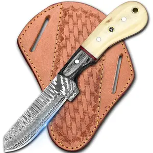 Cowboy Knives with Sheath - 8" Sharp Damascus Bull Cutter Knife - EDC Fixed Blade Knife for Skinning, Camping, Bushcrafting and Outdoor Activities, white Survival Tools Survival Gear