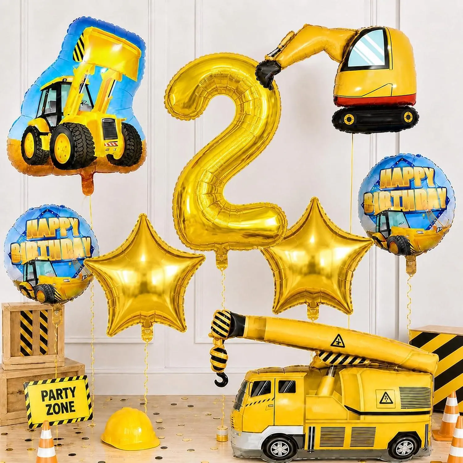 Construction 2Nd Birthday Party Supplies, 9Pcs Construction Balloons Set With Gold Number 2 Balloon 2 Year Old, Large Construction Truck Mylar Foil Balloon For Boys 2Nd Birthday Party Decorations