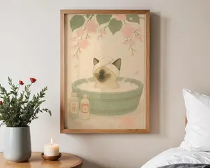 [ SALE UP TO 48% ] Siamese Kitten Onsen Art, Japanese Bathroom Print, Kawaii Baby Cat Poster, Japandi Nursery Digital Wall Decor