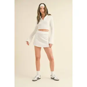 Waffle Knit Bell Sleeve Top and Skirt Set