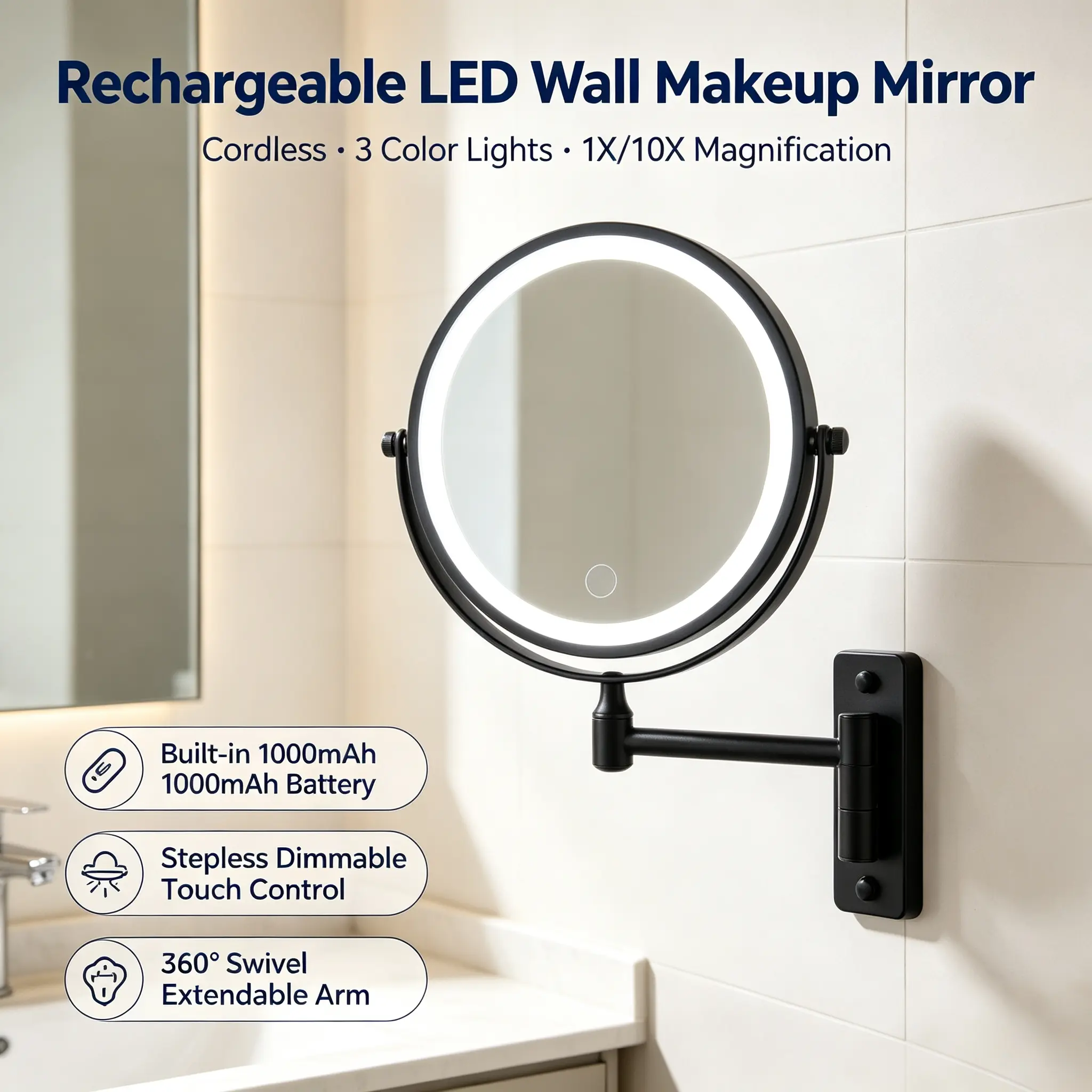 1000mAh Rechargeable Wall Mounted Lighted Makeup Mirror, Double Sided 1X Normal & 10X Magnifying Vanity Mirror, 3 Color Touch Dimmable LED Lights, 360° Rotation Extendable Arm Bathroom Shaving Makeup Mirror campingessentials