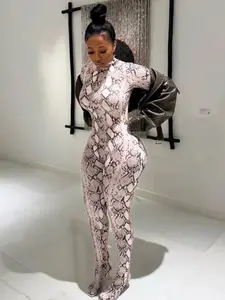 Snake Print Foot Jumpsuit Women Zip Spring Trend O-Neck Full Sleeve Stretch Street Clubwear Workout Overalls