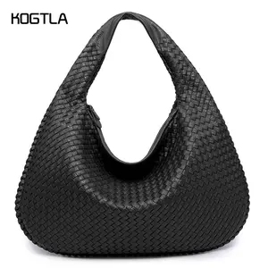 KOGTLA Women's Woven Shoulder Bag, Fashionable Soft PU Leather Shopping Bag