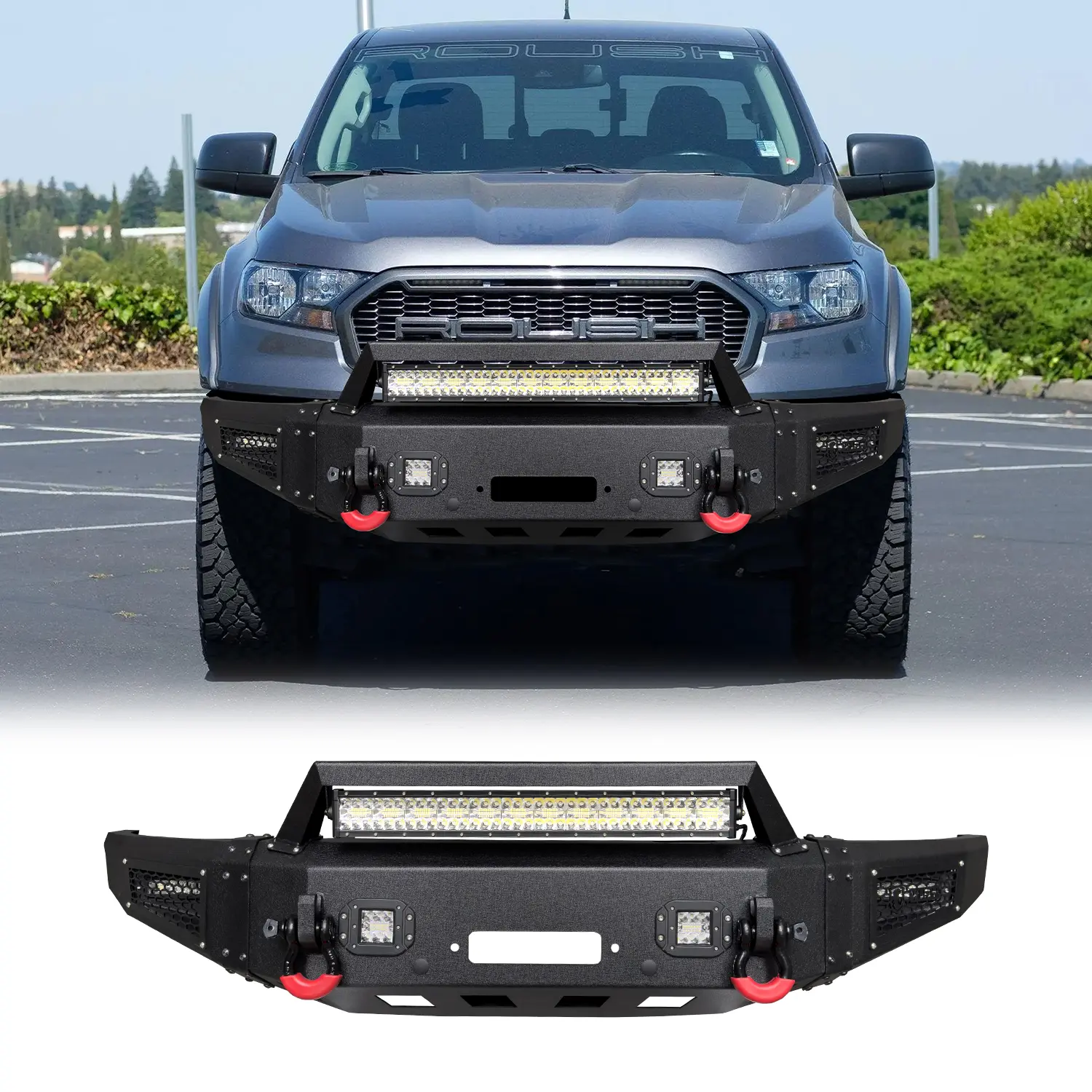 TIOYAR Black Texture Steel Front Bumper for 2019-2023 Ford Ranger, with Winch Plate, 2 D-Rings, LED Lights - Boosts Off-Road Capabilities, Enhances Style and Functionality, Improves Visibility, Adds Versatility