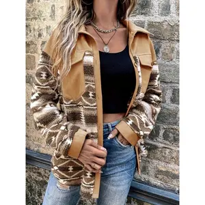 Aztec Pattern Teddy Jacket Women's Casual Button Front Long Sleeve Outerwear Knitwear with Pockets Can be used with a raincoat