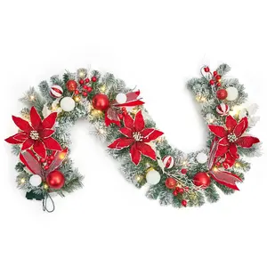 Garvee Christmas Garland with 20 LED Lights, 6ft Pre Lit Xmas Garland with Artificial Flowers Berries Ball Ornaments, Battery Operated Christmas Lighted Garlands for Mantle Fireplace Stairs