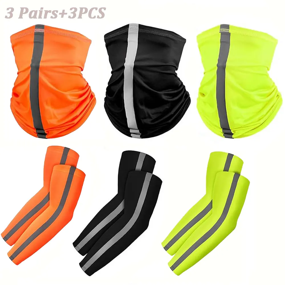 High Visibility Safety Set - 3-Pack Long Sleeve Arm Sleeves & Neck Gaiter, Unisex Clothes with Reflective Strips, Quick-Dry Fabric, Stretchy Durable UV Sun Protection Cooling Gear, Full-Coverage for Outdoor Work Workers, Enhanced Nighttime Safety, Active