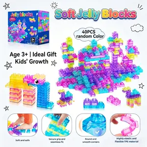 Soft Jelly Building Blocks – 40PCS Soft Jelly Blocks Set, Stretchable & Squeezable Soft Building Blocks for Toddlers 3+ Years, Multi-Color Stackable Toy, STEM Montessori Sensory Play, Non-Toxic DIY Construction, Birthday Gift for Boys & Girls