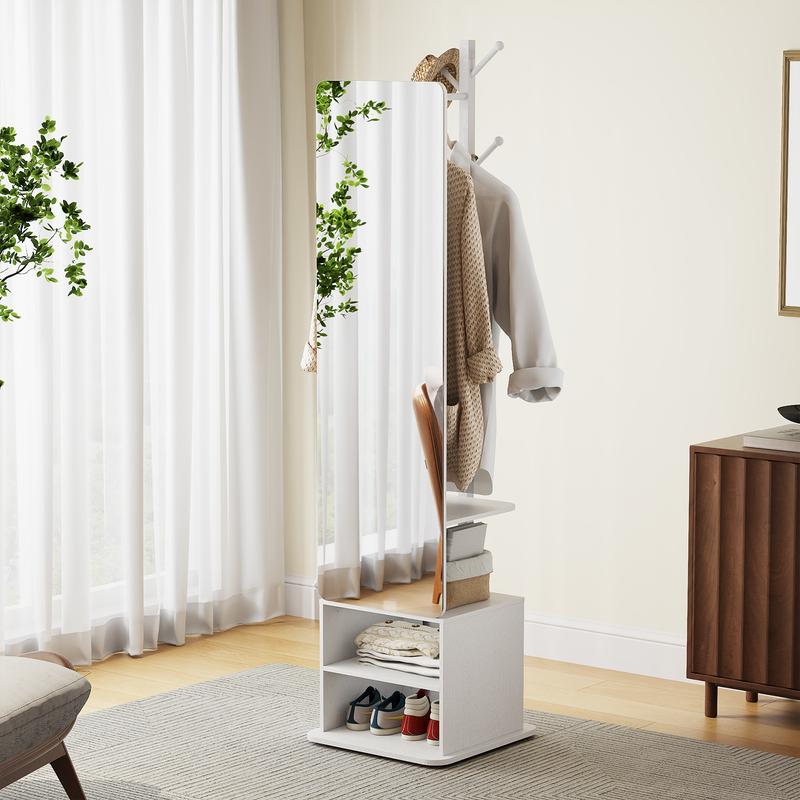 Flycity Solid wood material large mirror with a closet, full-size mirror, full-length mirror with storage rack at the bedside or in the living room (black and white styles can be rotated) Organization Furniture