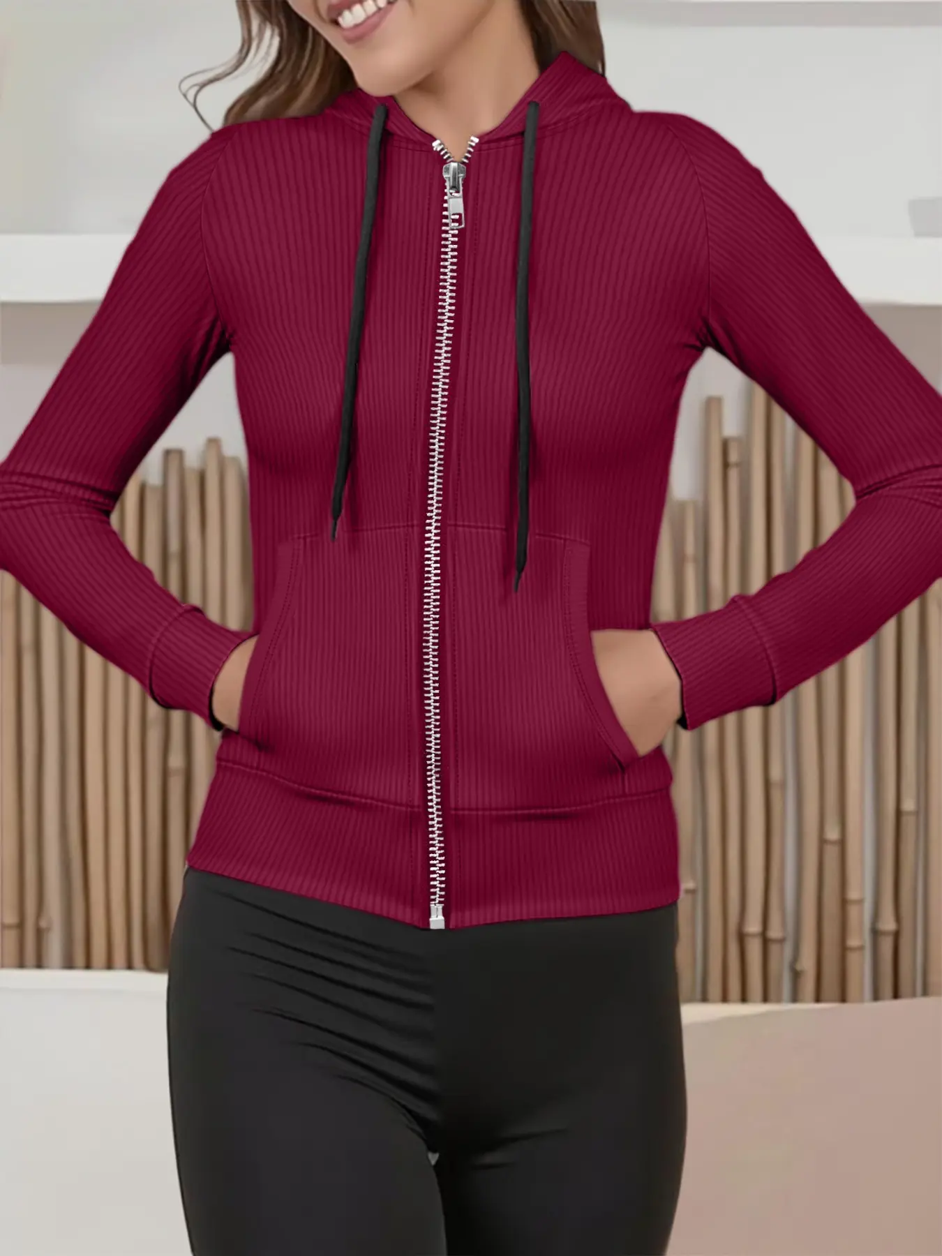 Women's Ribbed Hooded Zipper Short Cardigan, Slim Fit Long Sleeve Sporty Casual Style, Perfect for Daily Wear & Outdoor Activities